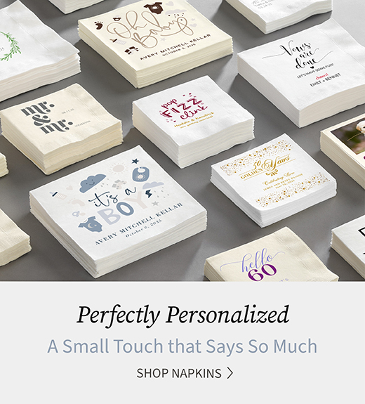 Stacks of personalized napkins are shown with new and exciting designs for events.