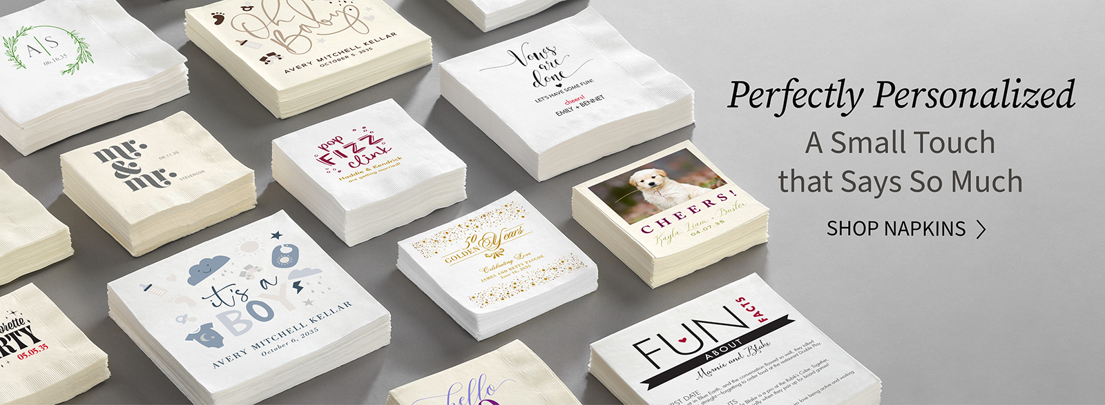 Stacks of personalized napkins are shown with new and exciting designs for events.